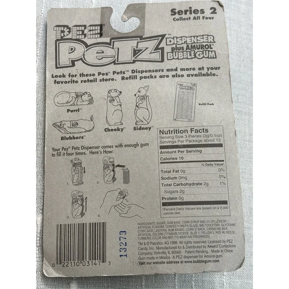 Vintage 1998 PEZ Petz Purrl the Cat Candy Dispenser IN PACKAGE WITH CANDY/GUM